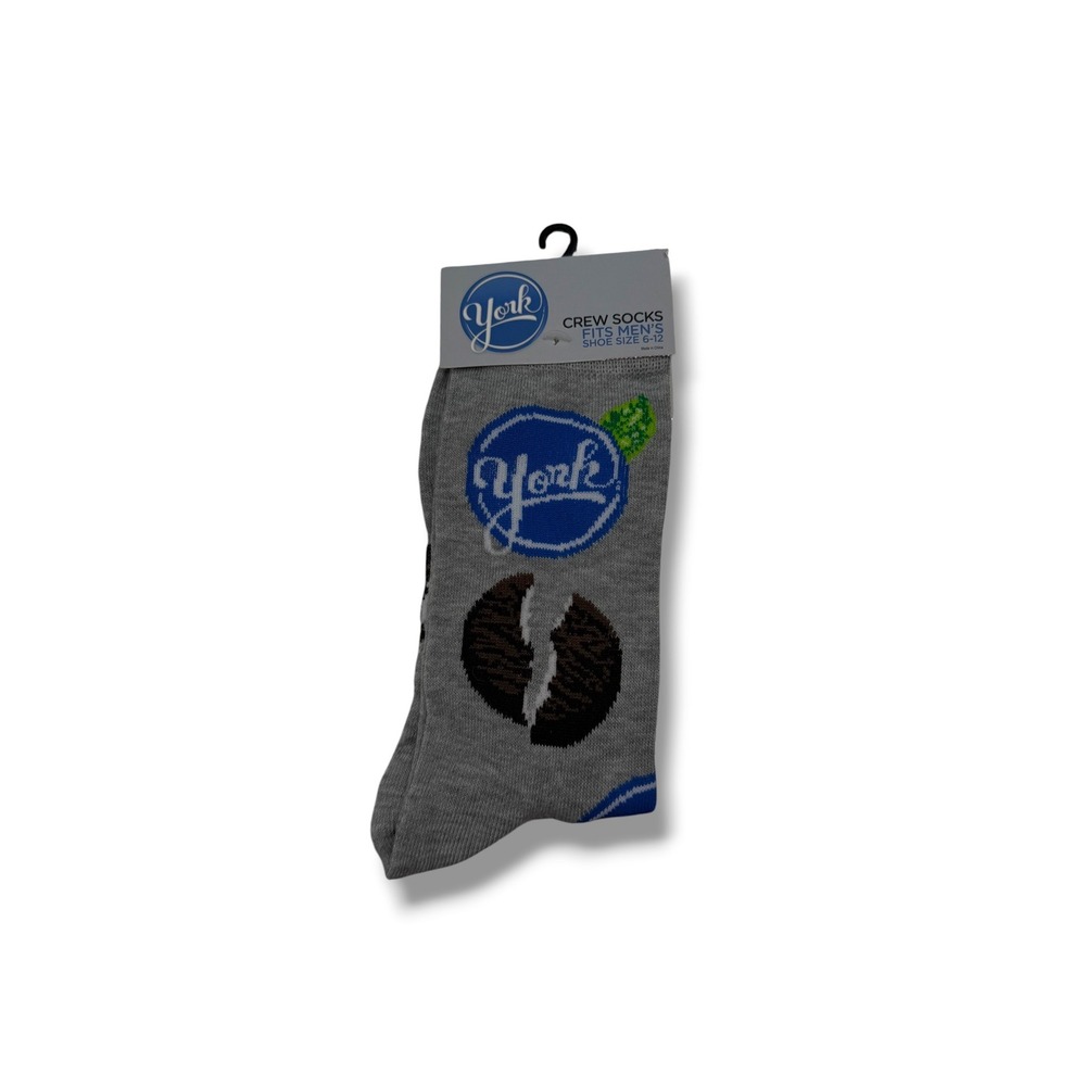 York Peppermint Pattie Crew Socks Mens 6-12 Gray Candy Novelty Graphic NWT